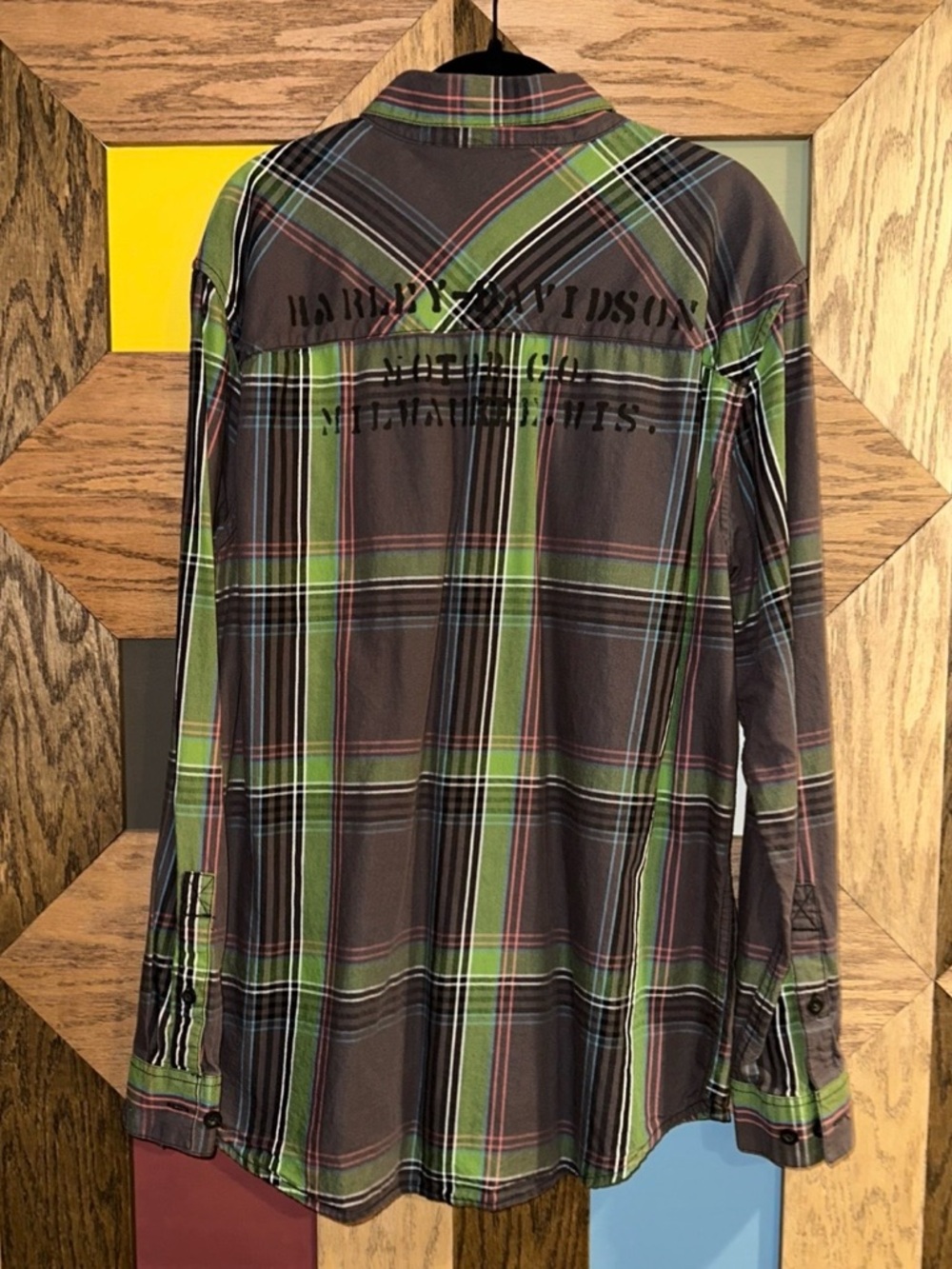 Harley Davidson Shirt Stencil Plaid Long Sleeve Button Up Brown & Green Sz L